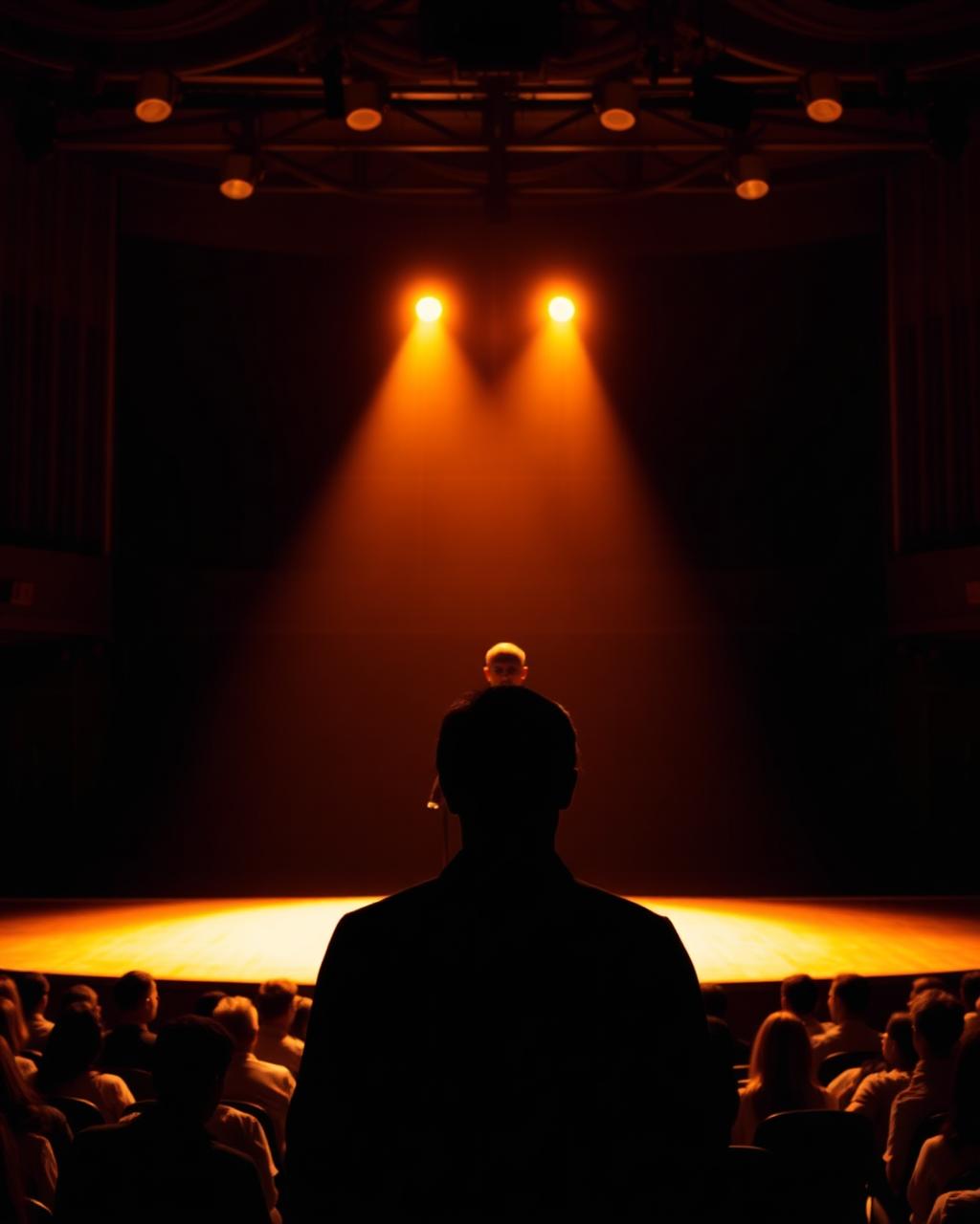 A speaker on stage under warm saffron light.