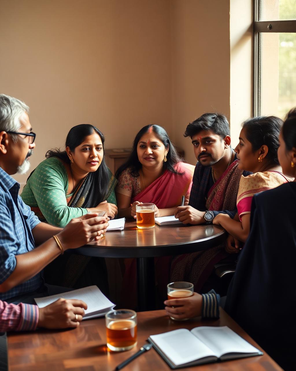 Young people discussing ideas over chai.