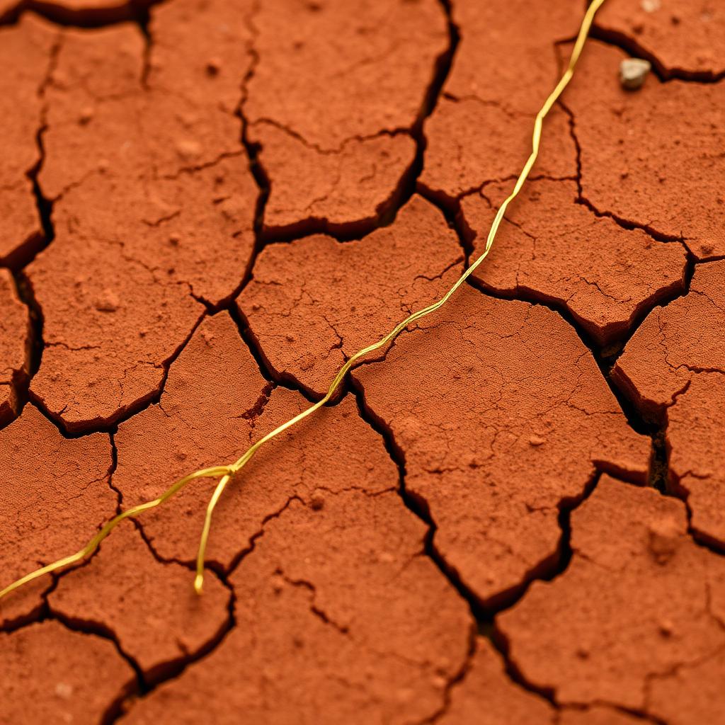 Cracked terracotta earth with a golden thread — a texture of belief and rupture.