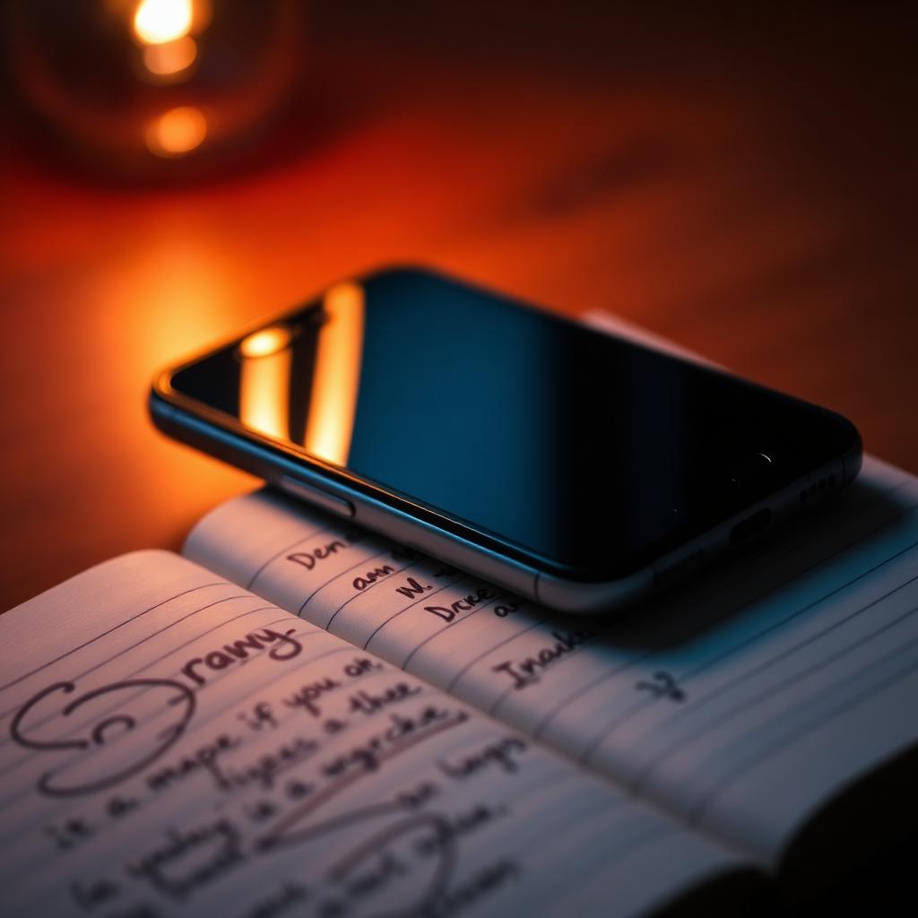 A glowing phone resting on a handwritten notebook, warm ambient light.
